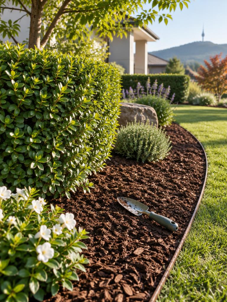 Freshly mulched garden bed with a trimmed hedge, a clean lawn edge and a hand trowel resting on the mulch